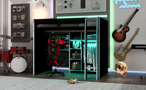 English Elm Full Size Loft Bed with Rgb Lighting Desk Open Wardrobe and Storage for Gaming Rooms Blue LT000277AAC
