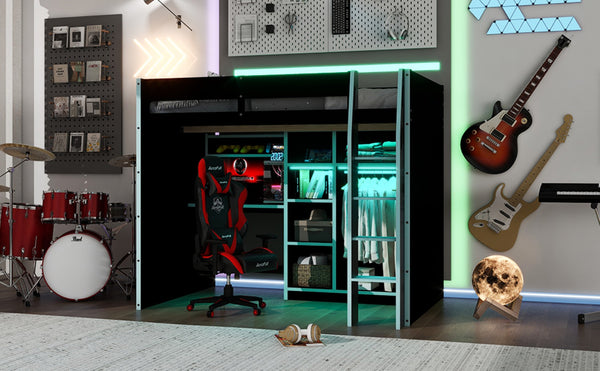 English Elm Full Size Loft Bed with Rgb Lighting Desk Open Wardrobe and Storage for Gaming Rooms Blue LT000277AAC