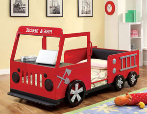 English Elm Modern Fire Truck Bed With Padded Headboard & Hidden Storage Compartment - Red & Black Design B2741S00509