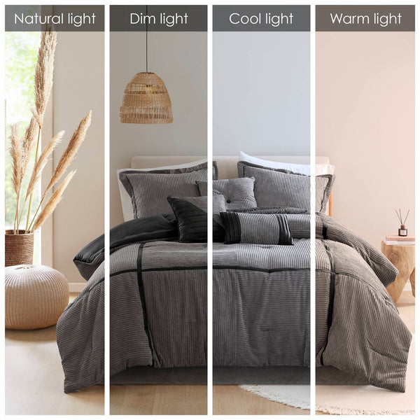 English Elm 7 Piece Micro Corduroy Comforter Set - Luxurious Grey California King Bedding Ensemble For Year-Round Comfort B035P266663