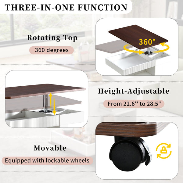 English Elm U-Can Modern Adjustable End Table with 360° Rotating Lift-Top, Lockable Wheels and Storage Space Brown+White N724P292505K