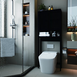 English Elm Toilet Side Bamboo Tower with Louvered Doors Open Shelf Freestanding Bathroom Organizer W2207P334026