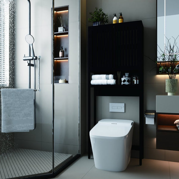 English Elm Toilet Side Bamboo Tower with Louvered Doors Open Shelf Freestanding Bathroom Organizer W2207P334026
