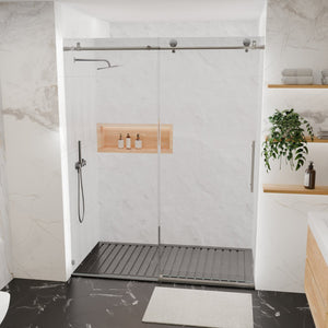 English Elm 56-60"W Frameless Sliding Shower Door with 5/16" Tempered Glass, Smooth Whisper-Quiet Rollers, Easy-Clean Coating Brushed Nickel W1865S00163