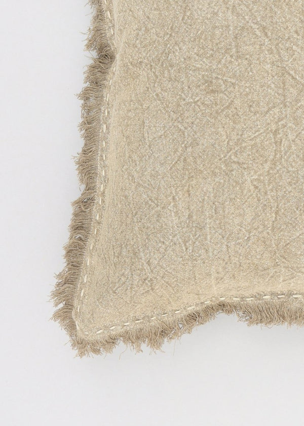 English Elm Stonewashed Linen Throw Pillow - Artisan Handworked Edges & Fringe, 22" X 22" - Boho Chic Accent B346P321243-GIGA