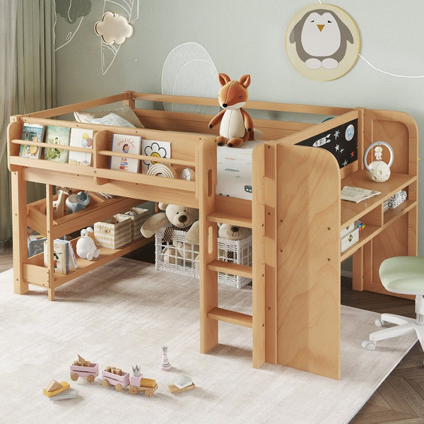 English Elm Twin Low Loft Bed Solid Pine Frame Kids Study Desk Blackboard Storage White W1580S00574