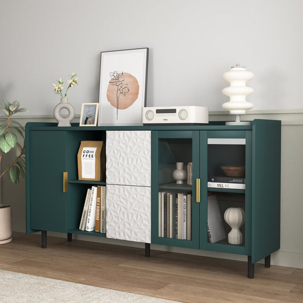 English Elm Modern Kitchen Pantry Storage Cabinet with Glass Doors, 55" Spacious Buffet for Coffee Bar, TV Stand Green W409P171576