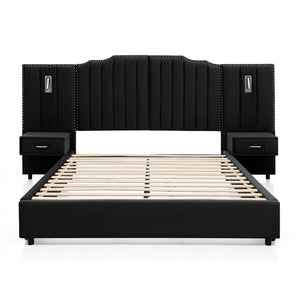 English Elm Queen Velvet Platform Bed with Tufted Headboard Integrated Nightstands and Striped Design Black W487S00441
