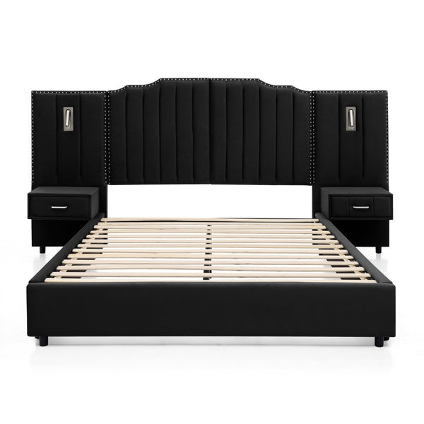 English Elm Queen Velvet Platform Bed with Tufted Headboard Integrated Nightstands and Striped Design Black W487S00441