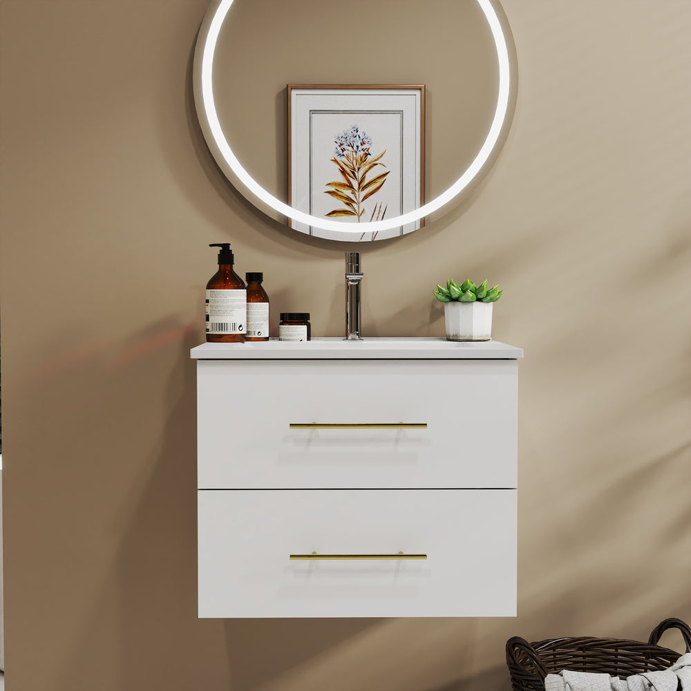 English Elm 24-Inch Wall-Mounted Vanity With Ceramic Sink, Dual Drawers, Gold Handles, Space-Saving Design W3151S00038