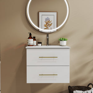 English Elm 24-Inch Wall-Mounted Vanity With Ceramic Sink, Dual Drawers, Gold Handles, Space-Saving Design W3151S00038