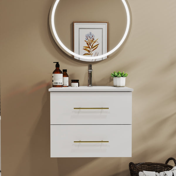 English Elm 24-Inch Wall-Mounted Vanity With Ceramic Sink, Dual Drawers, Gold Handles, Space-Saving Design W3151S00038
