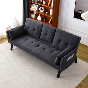 English Elm 70-inch Foldable Cotton Linen Sofa Bed with Cup Holder & Side Storage, Space-Saving 2-Seater Design DARK GREY W3371P337199