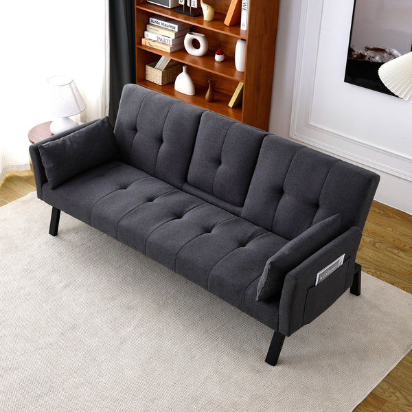 English Elm 70-inch Foldable Cotton Linen Sofa Bed with Cup Holder & Side Storage, Space-Saving 2-Seater Design DARK GREY W3371P337199