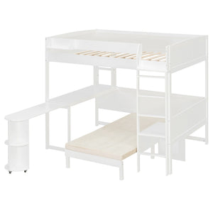 English Elm Full Size Loft Bed with Rotating Desk Led Lighting Sofa and Bookshelf Storage White LT000200AAK