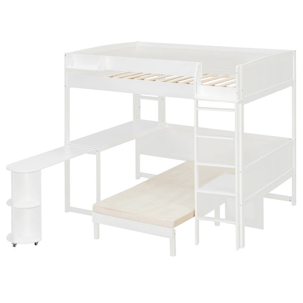 English Elm Full Size Loft Bed with Rotating Desk Led Lighting Sofa and Bookshelf Storage White LT000200AAK