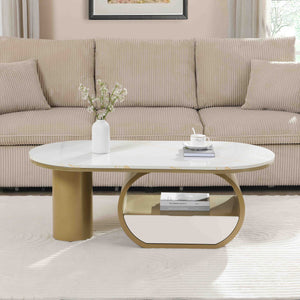 English Elm Luxury Oval Coffee Table with Faux Marble Top, Sturdy Metal Frame, Storage Drawer, Adjustable Feet Golden+White W821S00029