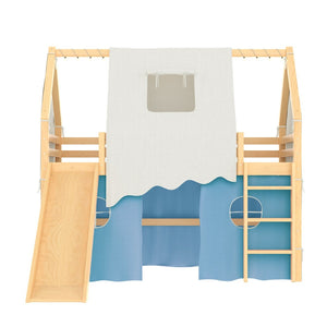 English Elm Twin Pine Loft Bed with House Frame Tent Led Lights Slide and Floor Space Below W1580S00290