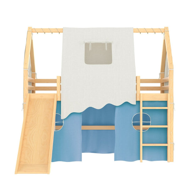 English Elm Twin Pine Loft Bed with House Frame Tent Led Lights Slide and Floor Space Below W1580S00290