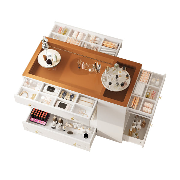 English Elm Closet Elegant walk-in island with glass display top, 6 drawers and open shelves for organized storage White 39.76 L x 17.32 W x 12.2 H N733S304513K