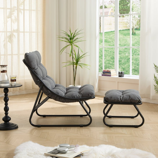 English Elm Patio Sling Recliner with Ottoman Steel Frame Corduroy Cushion Modern Lounge Chair W640P443413