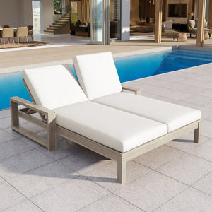 English Elm Trexm Outdoor Acacia Wood Double Chaise Lounge with Adjustable Backrests and Cushions Grey TM000031AAE