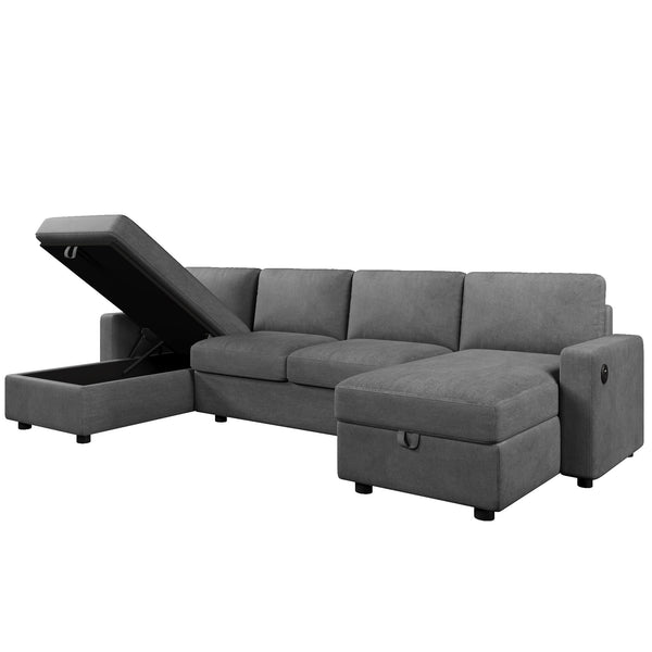 English Elm 103.9" Sectional Sofa with Hidden Storage Chaise, Reconfigurable U-Shape, 4 USB Ports, Durable Twill Upholstery Dark Gray N719S001950R