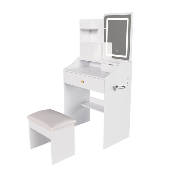 English Elm 3-color Led Vanity Table with Stool Drawers and Built-in Power Hub for Bedroom White W2700P457870