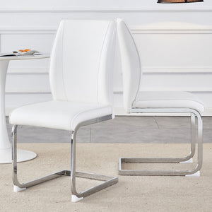 English Elm Luxury Simple Arch Chair - Set Of 2 White Pu Material High Resilience Dining Chair With Arched Metal Silver Leg.