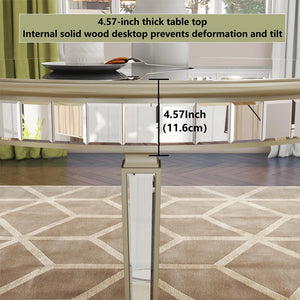 English Elm 47.24" Round Glass Dining Table with Mirror Top Silver Vintage Gold Geometric Frame Elegant Centerpiece W3207P285434