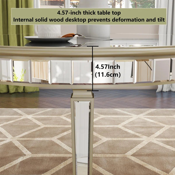 English Elm 47.24" Round Glass Dining Table with Mirror Top Silver Vintage Gold Geometric Frame Elegant Centerpiece W3207P285434