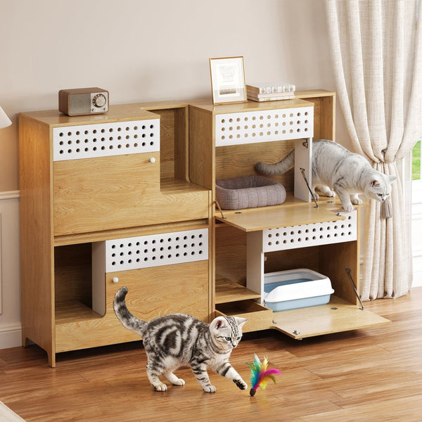 English Elm 2-piece Modern Cat Litter Box Enclosure Side Table Set with Hidden Storage N752S004342N