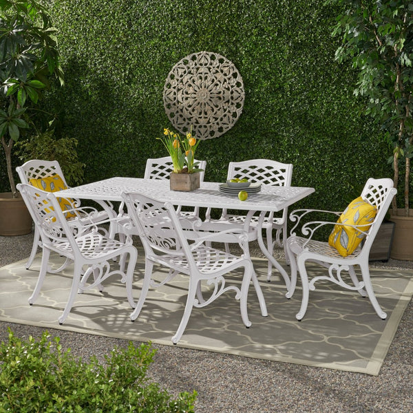 English Elm Monterey Cast Aluminum 7 Piece Outdoor Dining Set with Ornate Lattice Floral Detail N776P381164W-6_57704.00WHI