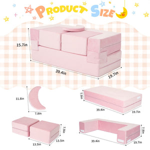 English Elm 5-piece Modular Foam Play Couch Velvet Toddler Sofa Foldable Kids Playroom Set Pink T5880P493438