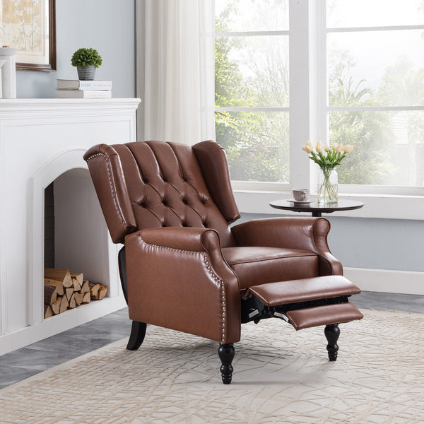 English Elm Christopher Knight Home® - RECLINER Light Brown PU Upholstered Wingback with Button-Tufted Diamond Stitch & Nailhead Trim 56992.00PUCOGN