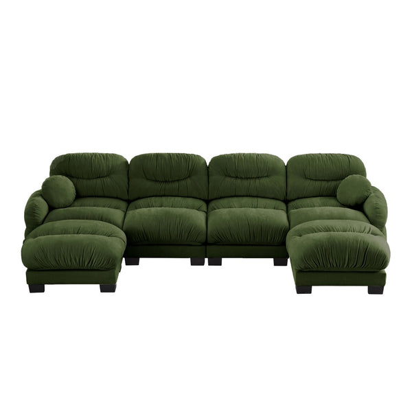 English Elm Pleated Chenille U-shape Modular Sectional Sofa with Ottomans and Ergonomic Foam Cushions Green W5656S00054