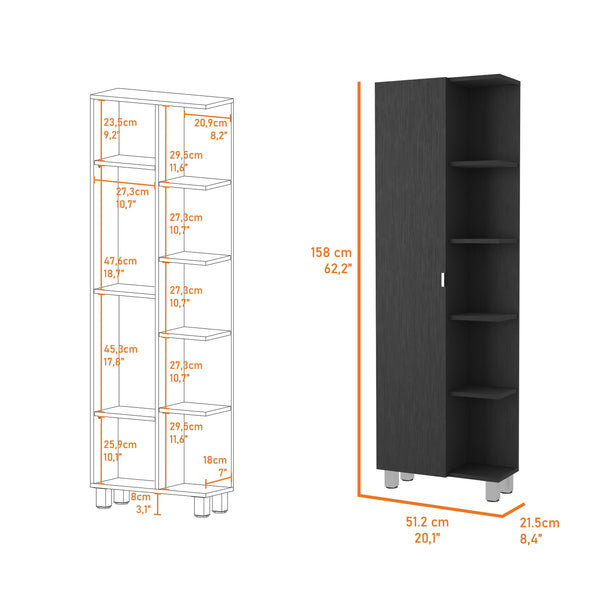English Elm Urano Mirrored Linen Cabinet with 4 Interior Adjustable Shelves and 5 Open Exterior Storage Shelves Black 63.4 L x 16.5 W x 4.7 H B20091988