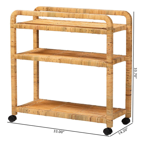 English Elm Modern Rattan Woven Kitchen Cart with Three Open Shelves and Rolling Caster Base B2750P467695