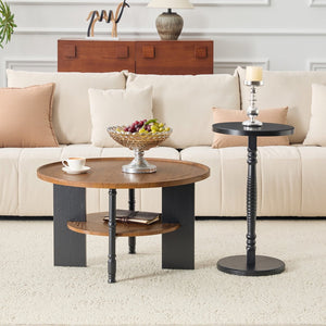 English Elm 2-piece Round Coffee and Side Table Set Walnut Grain Storage Shelf Living Room W1151P433331