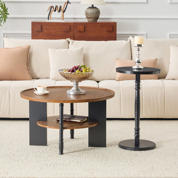 English Elm 2-piece Round Coffee and Side Table Set Walnut Grain Storage Shelf Living Room W1151P433331