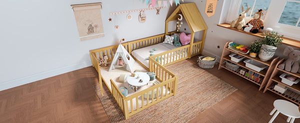 English Elm Twin House Floor Bed with Door & Full-Length Guardrails, Solid Wood Twin Loft Alternative for Kids Natural W1580P327129