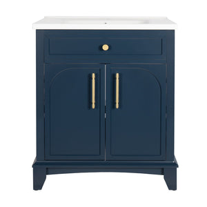 English Elm 27.8" Mid-century Freestanding Bathroom Vanity with Ceramic Sink Drawer and Wood Base Blue W1801S00005