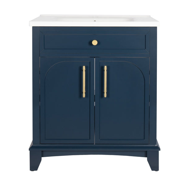 English Elm 27.8" Mid-century Freestanding Bathroom Vanity with Ceramic Sink Drawer and Wood Base Blue W1801S00005