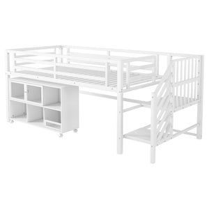 English Elm Twin Metal Loft Bed with Stairs and Six Storage Cubbies, Sturdy Metal Slat Support, Safe Low Design for Kids White 75.2 L x 17.72 W x 9.45 H W2593P305721