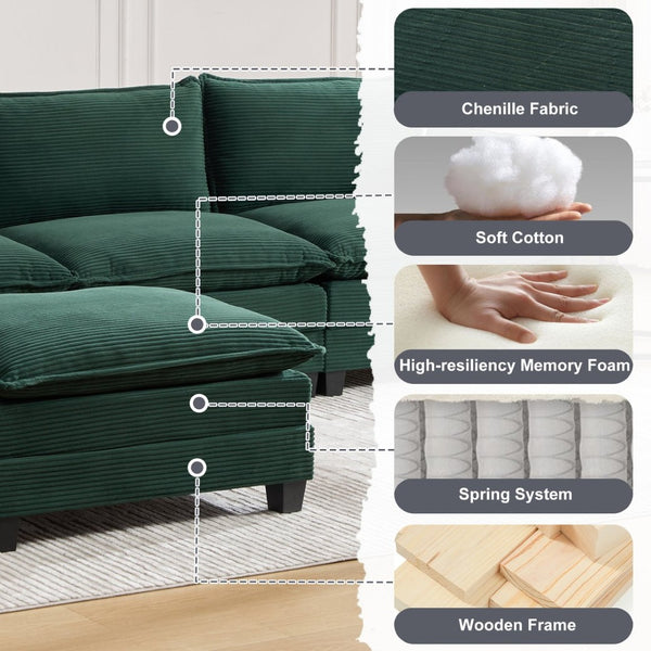 English Elm United We Win Modular Corduroy Sectional with Ottoman Low Profile Living Room Couch Emerald W1568S00257