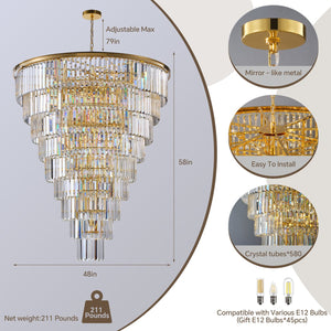English Elm 48-Inch Gold Tiered Crystal Chandelier — 45-Light E12, 580 Crystal Rods, Mirror Finish, Dramatic Foyer Statement W2869S00030