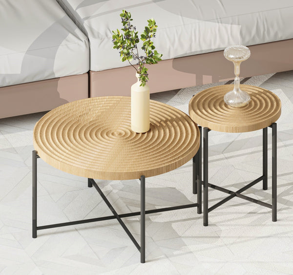 English Elm 2-Piece Rustic Coffee and End Table Set with Waterproof MDF Tops, Distressed Cylindrical Wood Look Oak Natural Wood + Antique White B2735P269980