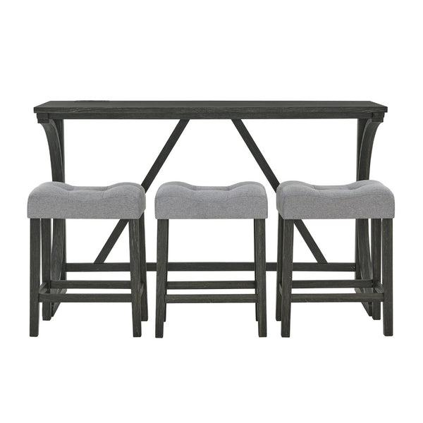 English Elm 59 Inch Bar Table Set with Power Outlet Rubberwood Frame and 3 Linen Stools Black W2972P385253