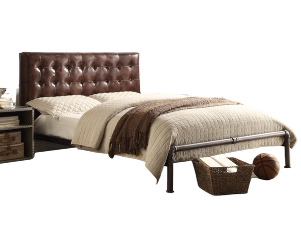 English Elm Brancaster Vintage Brown Queen Bed - Top Grain Leather Button Tufted Headboard, USB Nightstand, 660lb Capacity B2726S00449