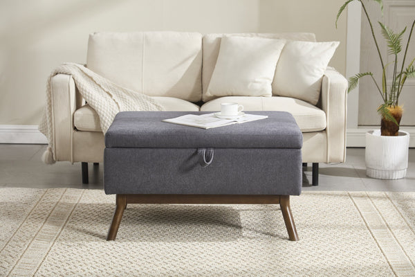 English Elm Mid-century square storage bench with solid wood frame, microfiber upholstery, versatile ottoman seat and tabletop functionality for living room and entryway appeal DARK GREY W1539P269656